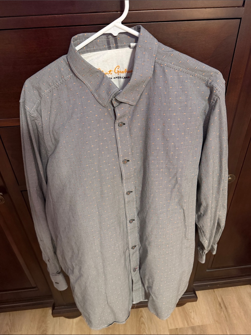 Robert Graham Gray Button-Down Dress Shirt with Subtle Orange Dots